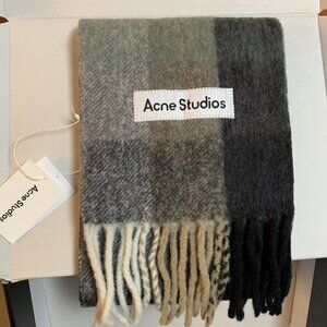 Acne Studios Checked Wool Blend Scarf Gray Beige Fringe Cozy